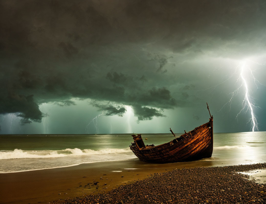 Derelict boat on pebbly shore under stormy sky with lightning bolts