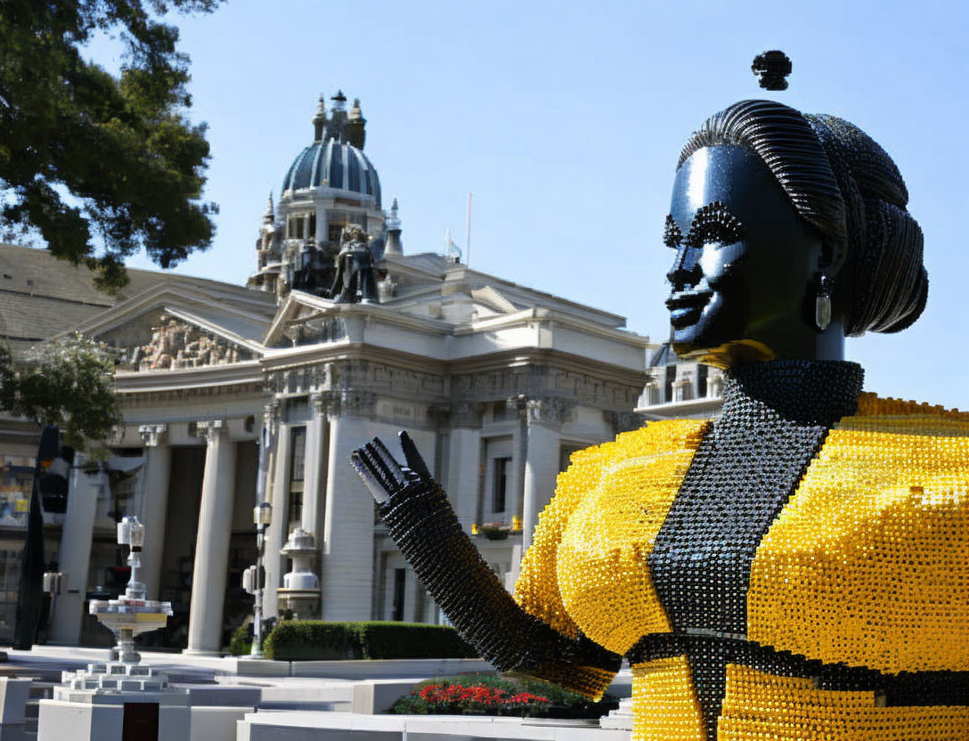 Colorful Beaded Woman Sculpture in Front of Elegant Building with Columns and Dome