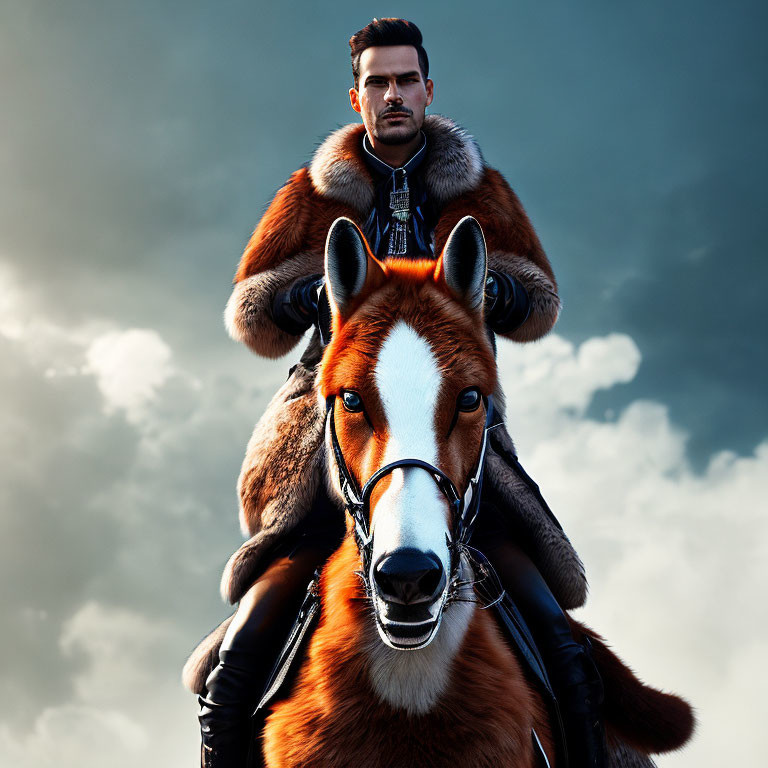 Man in fur-lined coat on horse under cloudy sky