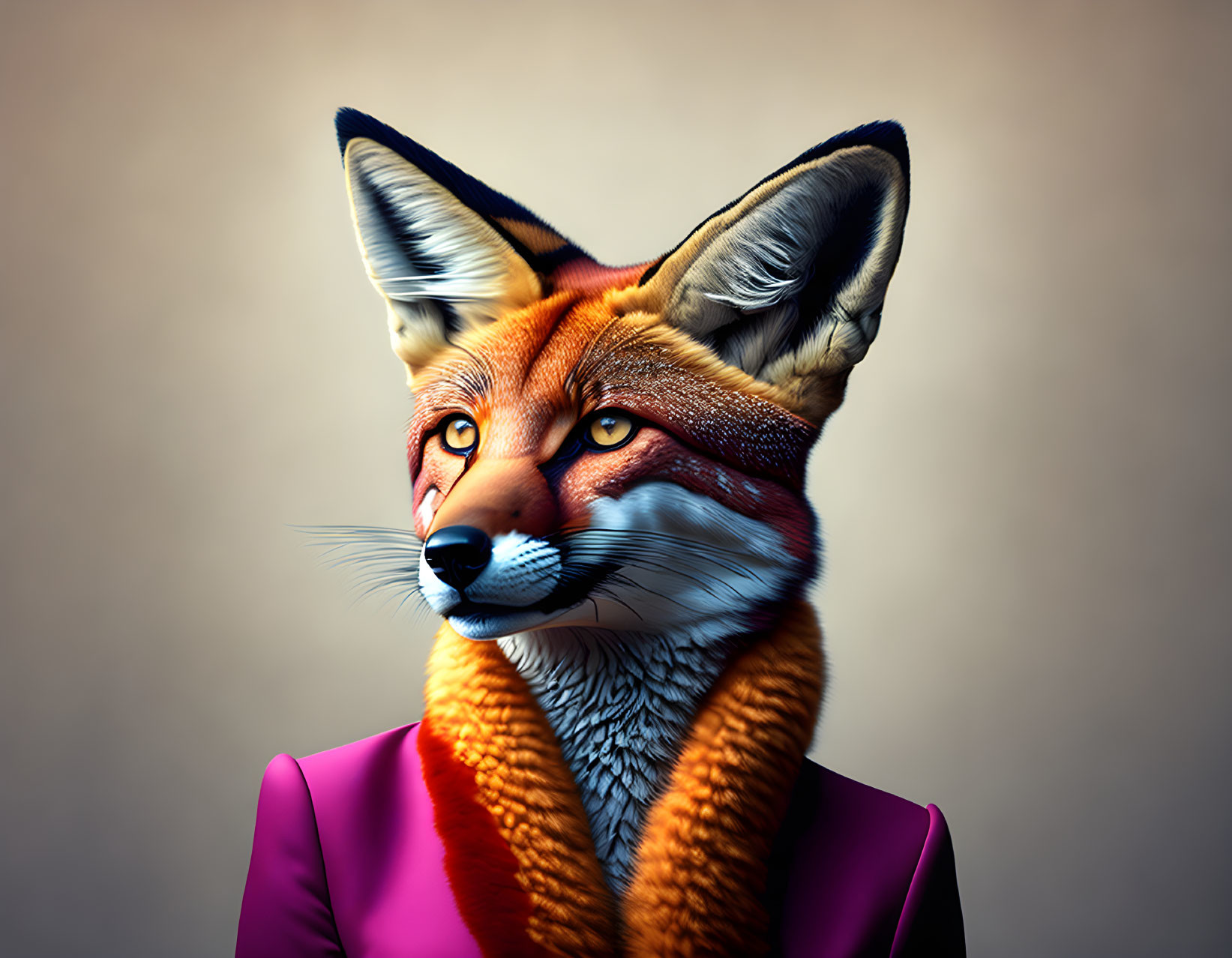 Stylized fox in purple suit on beige background