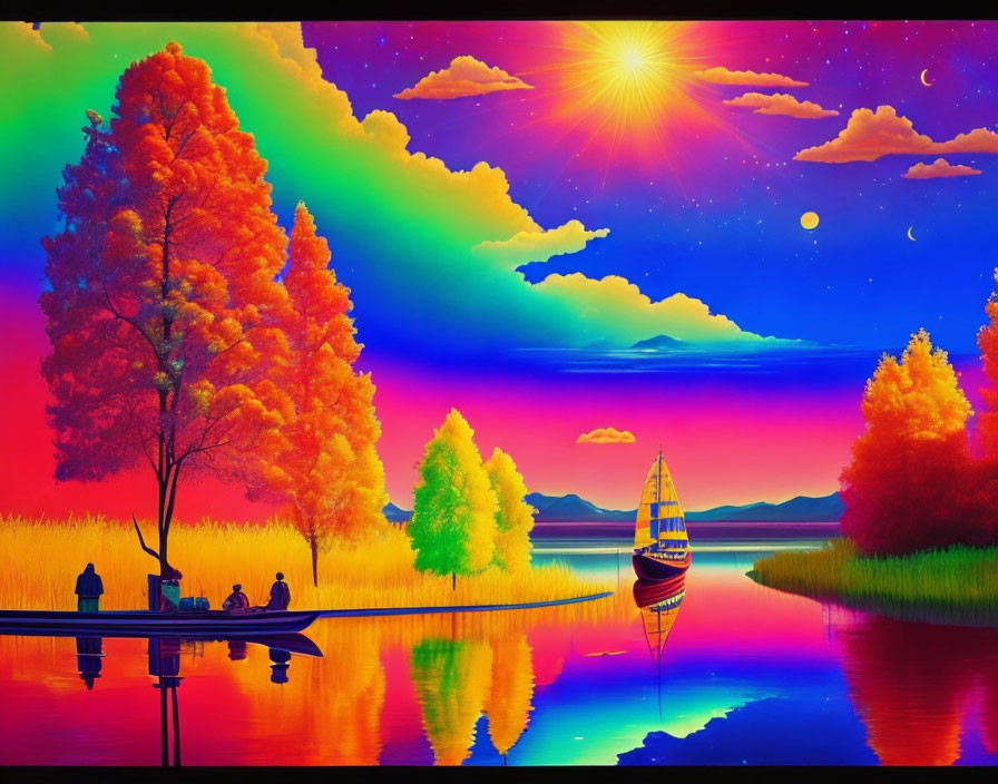 Scenic sunset with sailboat, autumn trees, and fishing dock