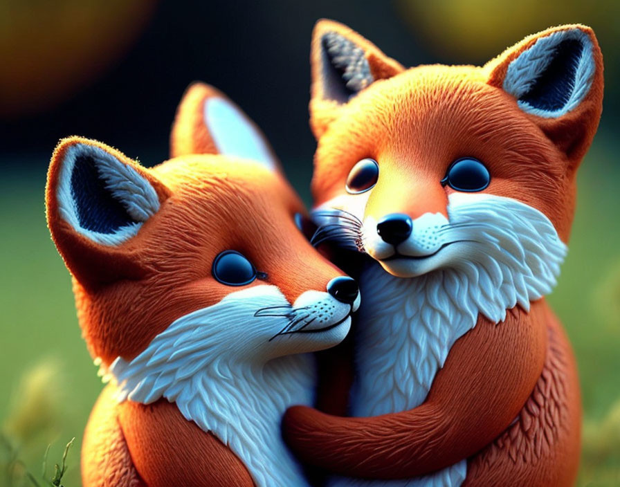 Animated foxes with exaggerated features interact in natural setting