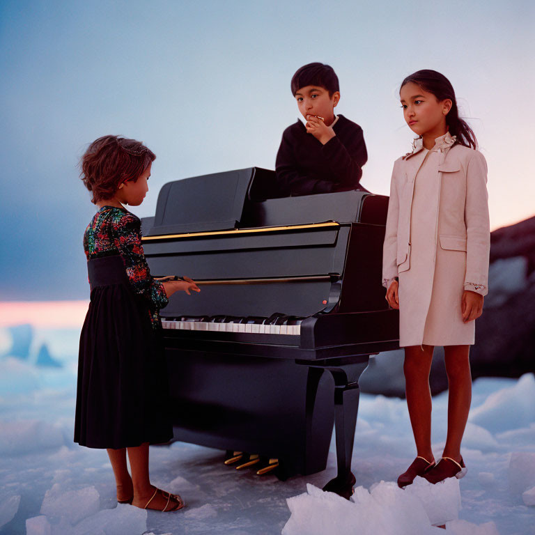 Children by piano in snowy landscape at twilight