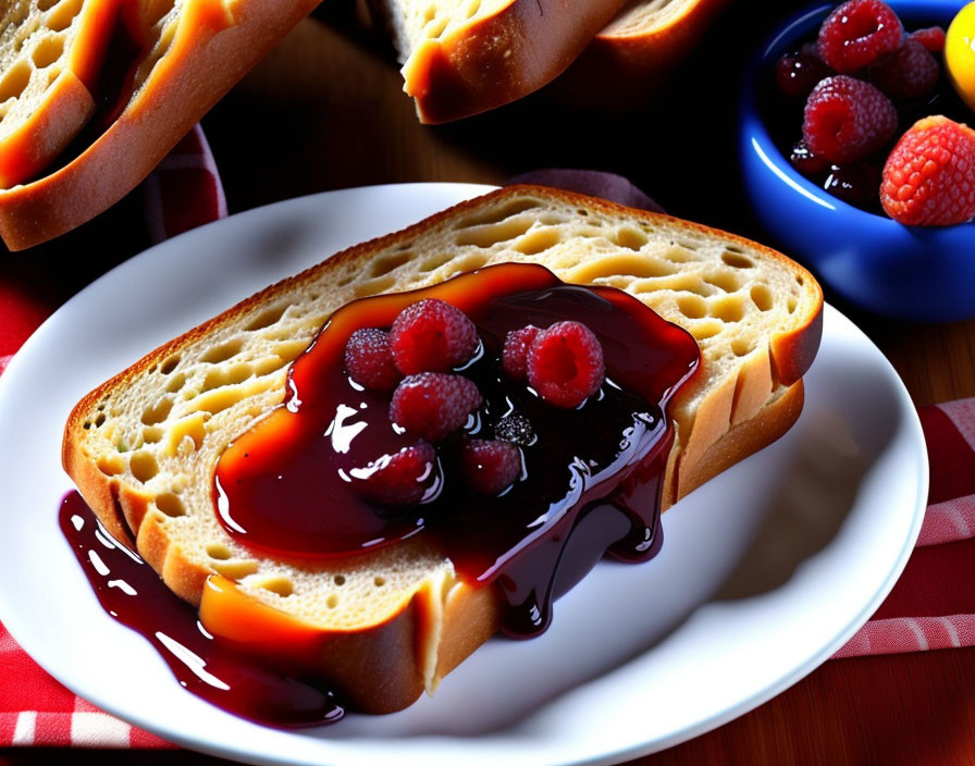 Fresh raspberries and glossy red berry sauce on bread plate