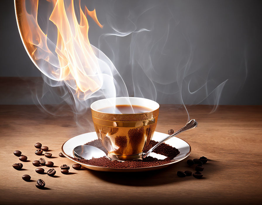 Steaming hot coffee cup with flames, spoon, and beans on wooden background