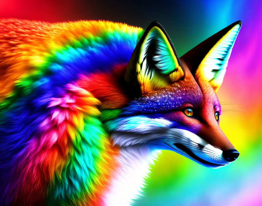 Colorful Fox Illustration with Rainbow Fur and Stars on Dark Background