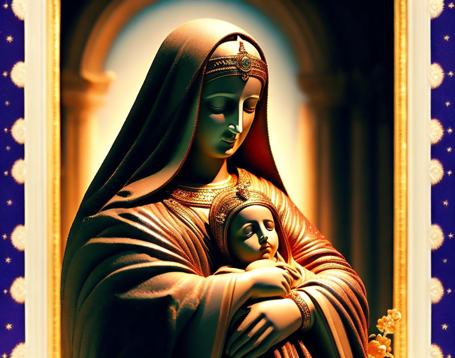 Statue of Virgin Mary with Baby Jesus in Golden Robes on Blue Background