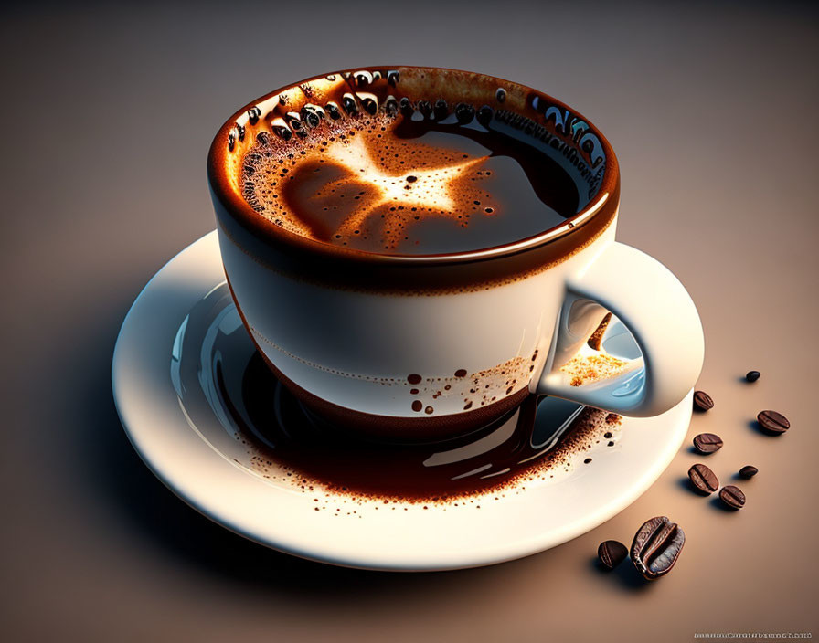 Close-up of full cup of coffee with creamy surface and scattered beans on saucer - brown background