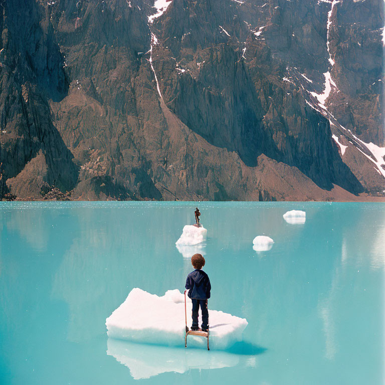 Person standing on small iceberg in turquoise glacial lake with mountains