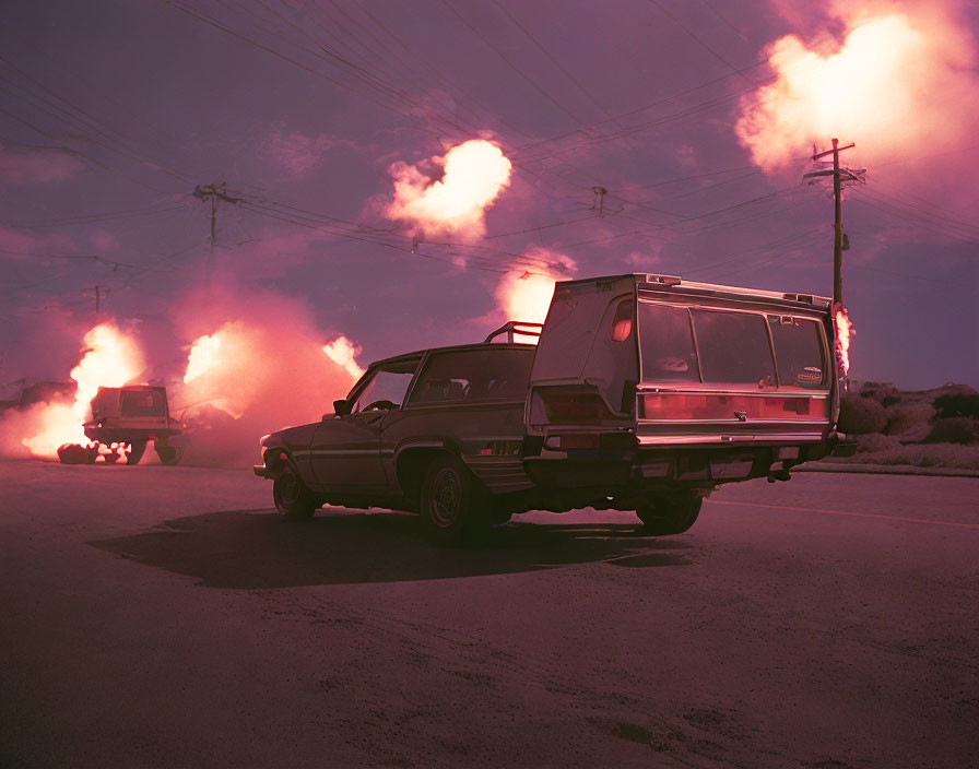 Vintage hearse with open rear door on street at dusk with flames and smoke.