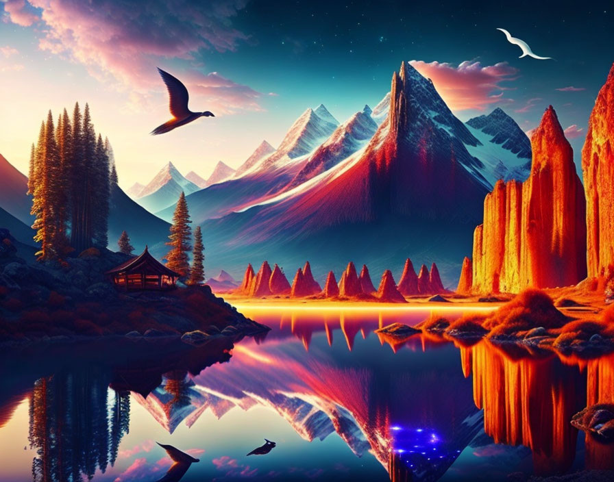 Surreal landscape with fiery hues, mountains, cabin, lake, islands, and bird in twilight