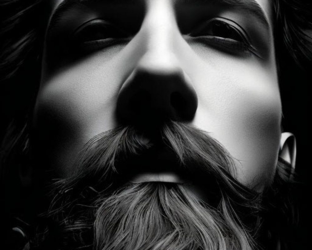 Monochromatic image: Man with mustache and beard, camera lens as neck.