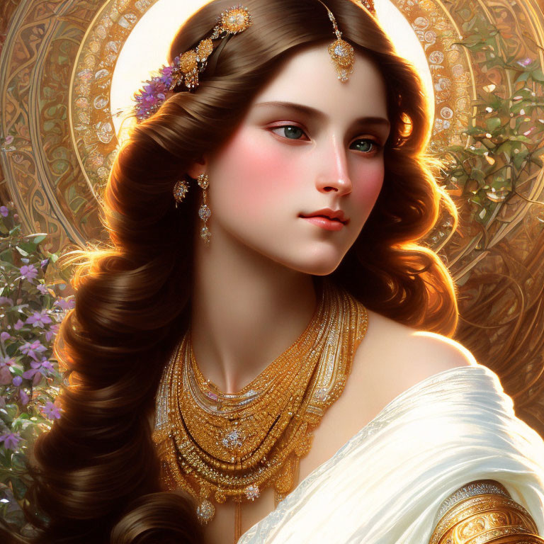 Intricate golden jewelry on woman with halo, against floral background