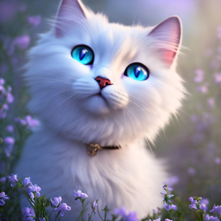 White Cat with Blue Eyes in Purple Flowers: Magical and Whimsical Aesthetic