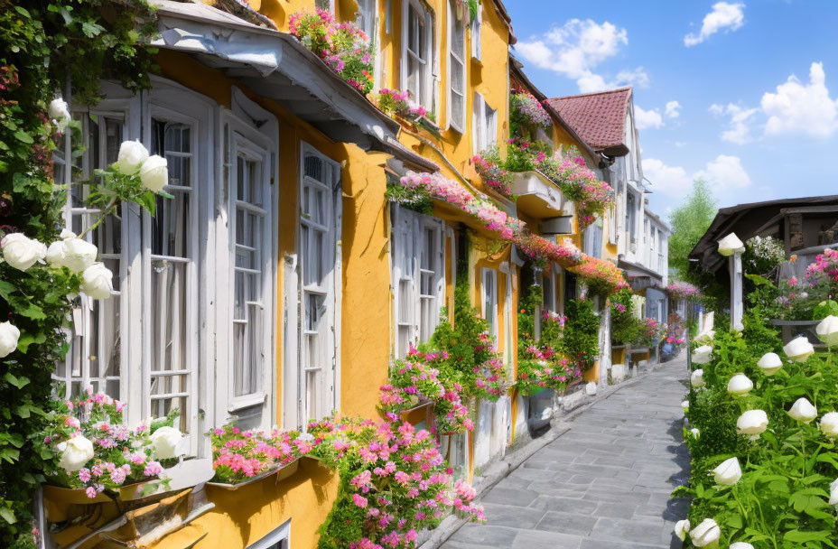 Picturesque cobblestone street lined with yellow houses and flower boxes under a sunny sky