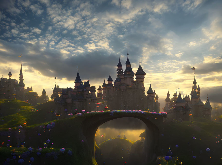 Majestic castle on lush hills with spires at sunset and stone bridge