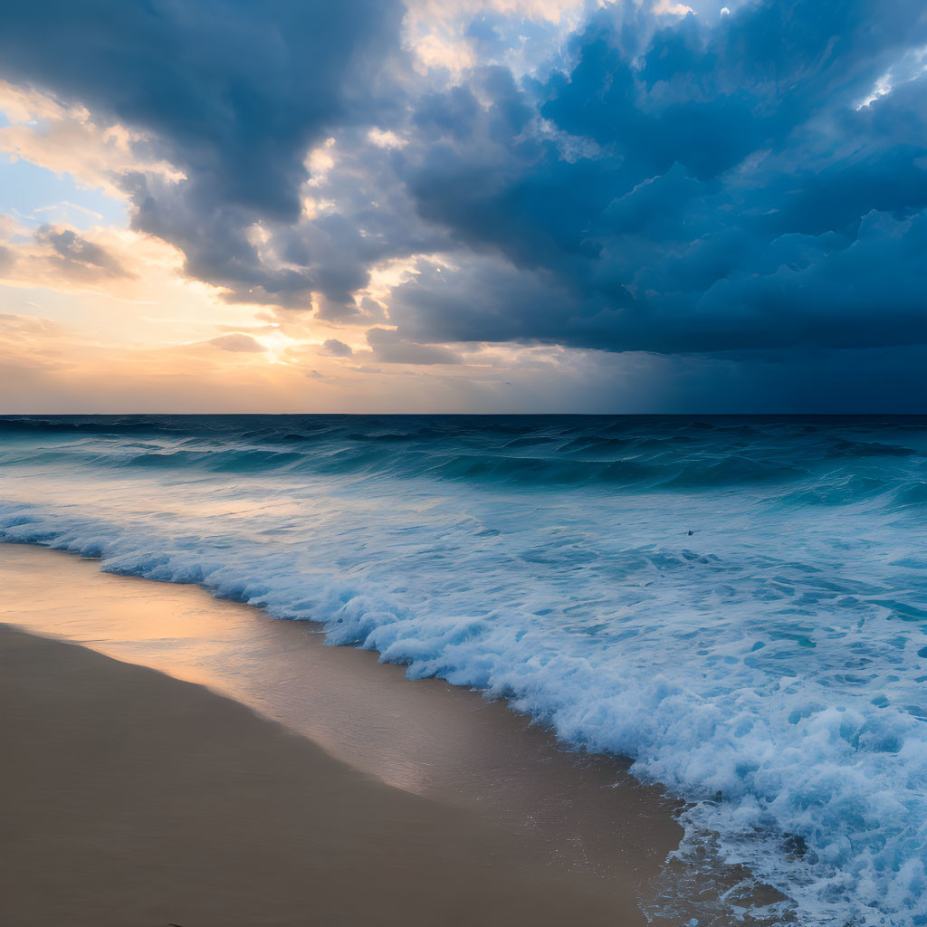 Dramatic ocean sunset with crashing waves and cloudy sky