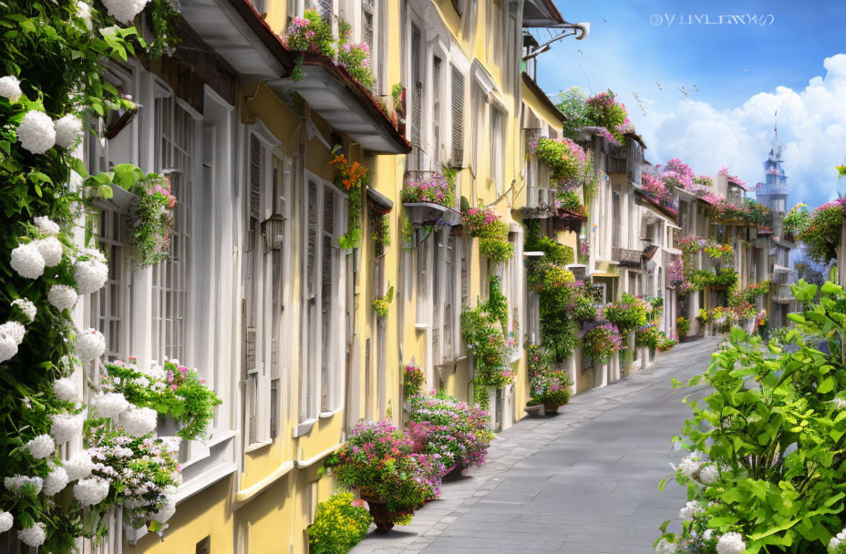 Picturesque cobblestone street with two-story buildings and floral displays.