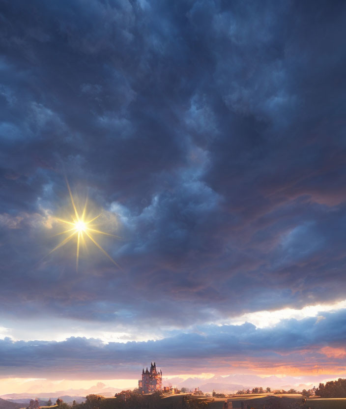 Dramatic sky with bright star over castle silhouette at sunset