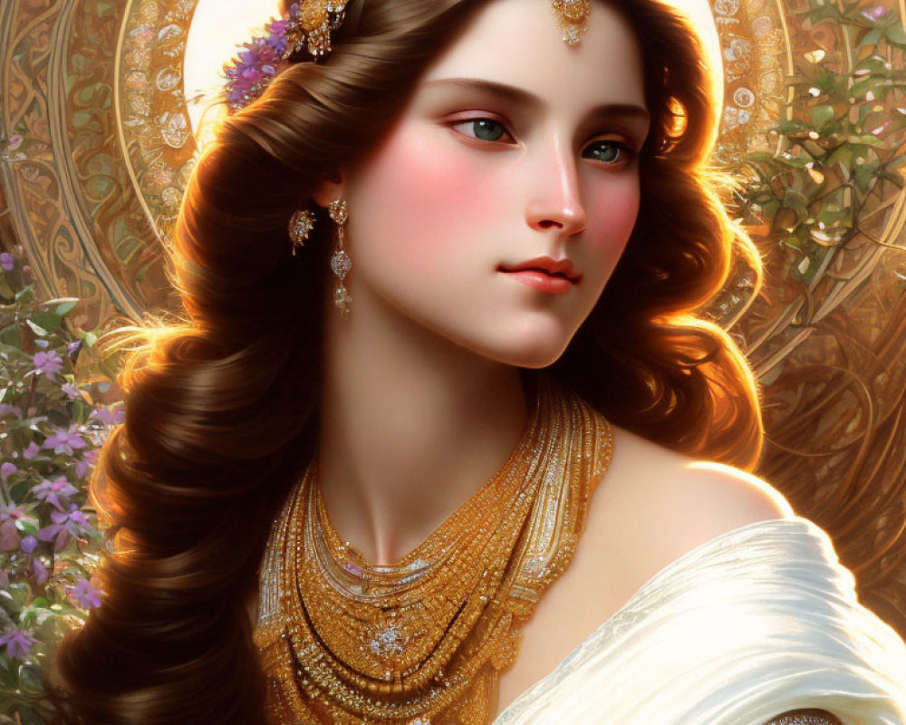 Intricate golden jewelry on woman with halo, against floral background