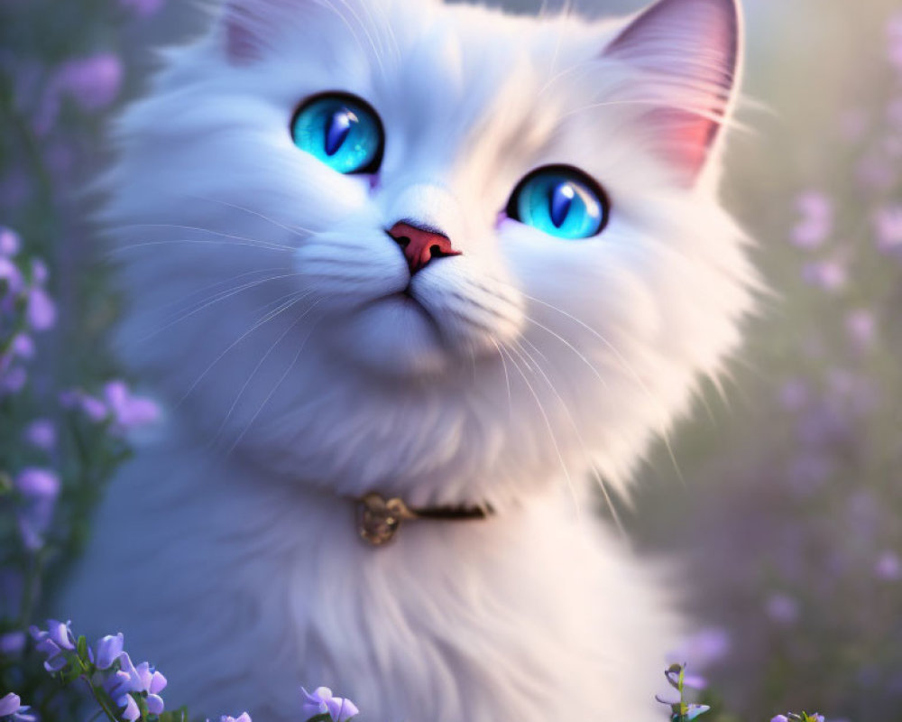 White Cat with Blue Eyes in Purple Flowers: Magical and Whimsical Aesthetic