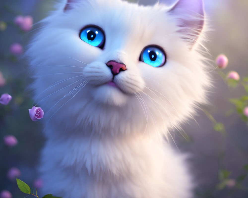 Fluffy White Cat with Blue Eyes and Purple Flowers in Soft Lighting