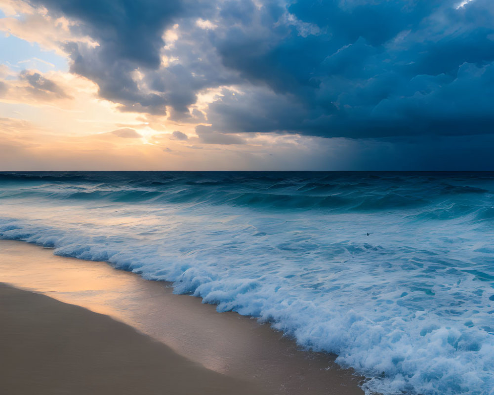 Dramatic ocean sunset with crashing waves and cloudy sky