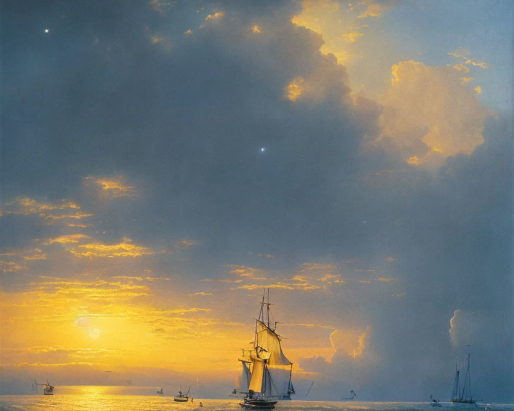 Vivid sunset at sea with sailing ship, clouds, and boats on horizon