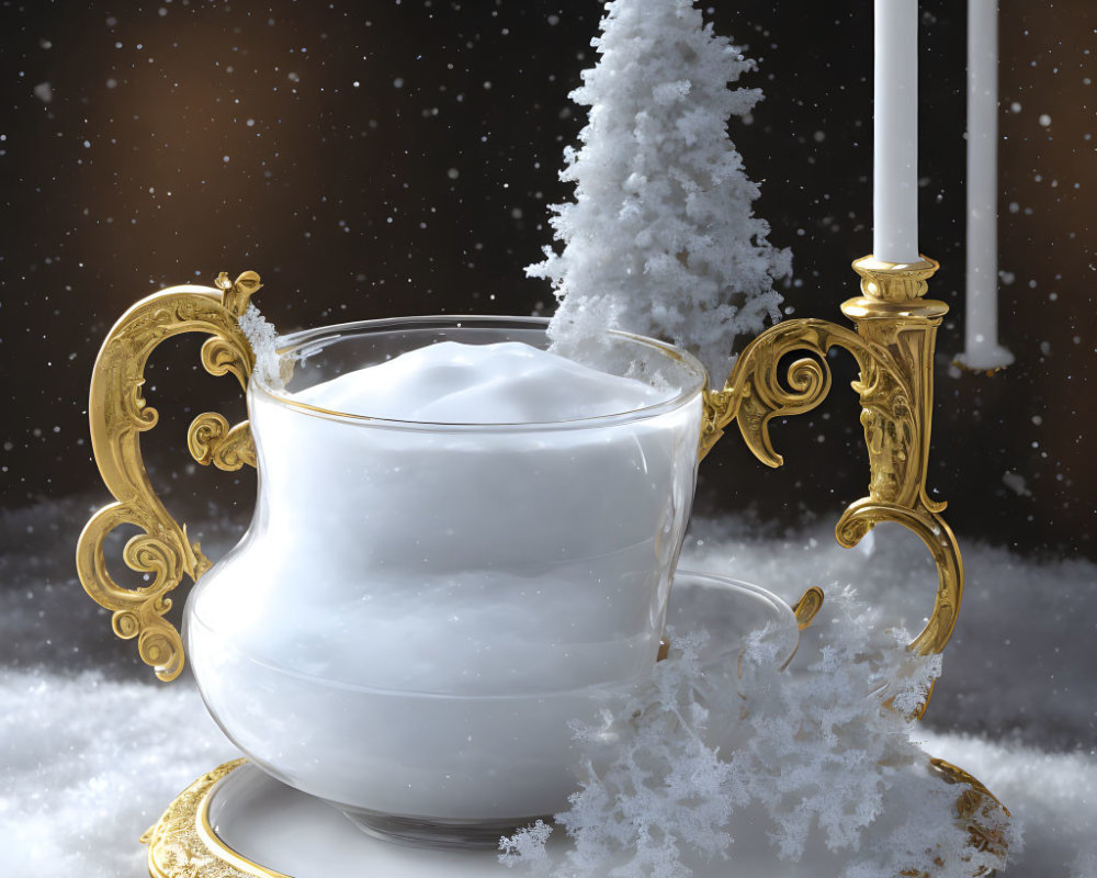 Golden Cup with Snow, Tree, Candle on Starry Night Background