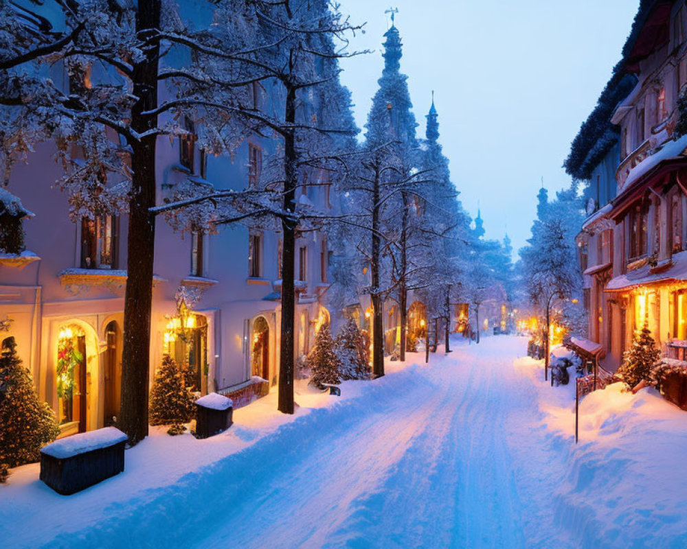 Snowy Evening Scene: Quiet Street with Illuminated Buildings & Trees