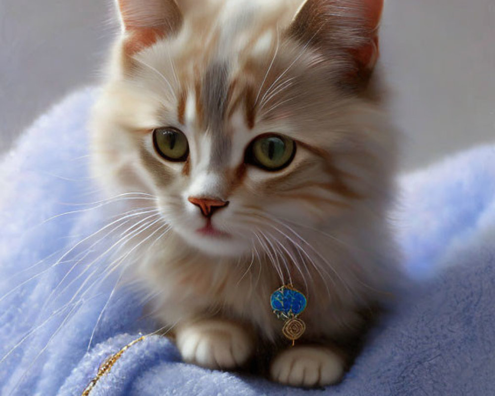 Fluffy cat with green eyes on blue fabric with gold necklace