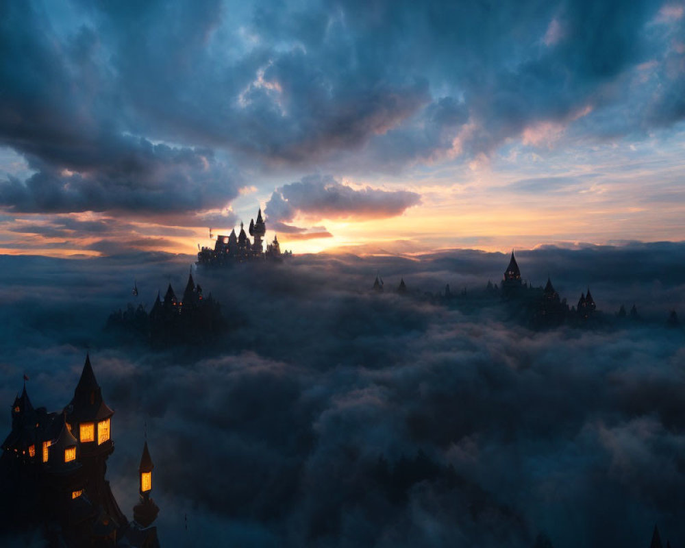 Majestic castle above clouds at sunrise