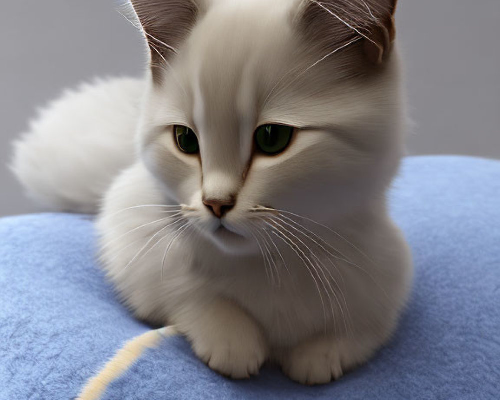 Fluffy white cat with gray markings on ears and tail on blue surface