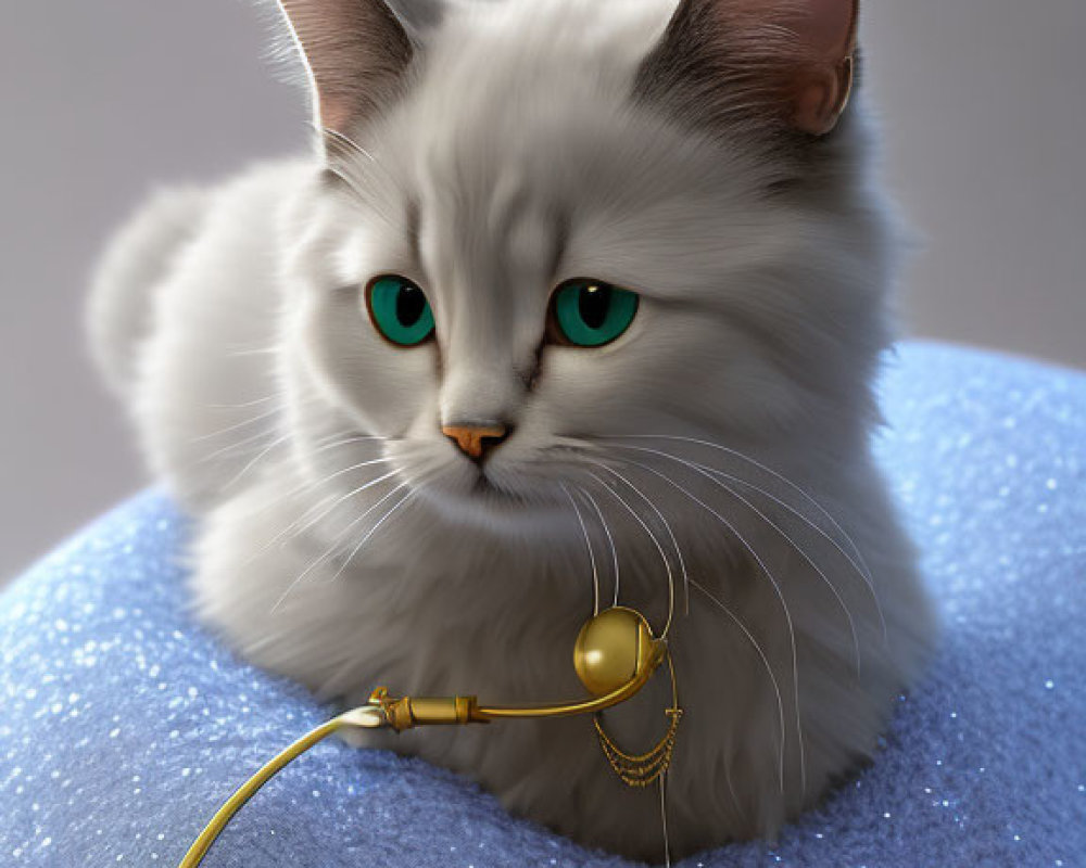 Realistic 3D illustration of fluffy white cat with turquoise eyes on blue surface with gold steth