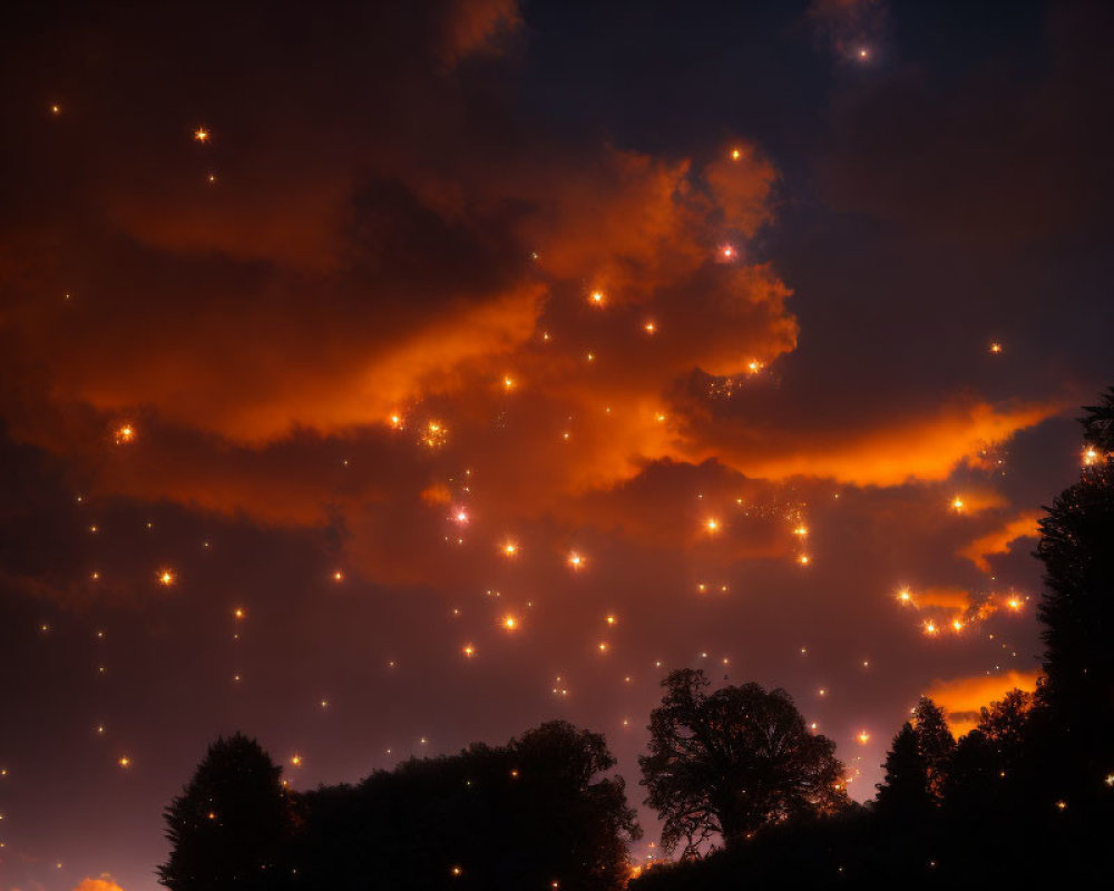 Twilight sky with orange clouds and silhouetted trees under small lights