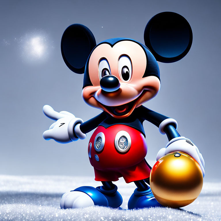 Smiling Mickey Mouse pointing beside shiny orb on silver gradient background