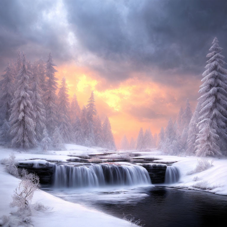 Snow-covered trees, cascading waterfall, warm sunset in serene winter landscape