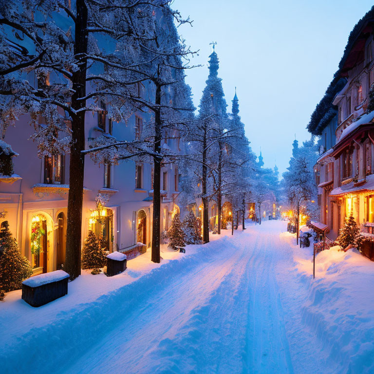 Snowy Evening Scene: Quiet Street with Illuminated Buildings & Trees