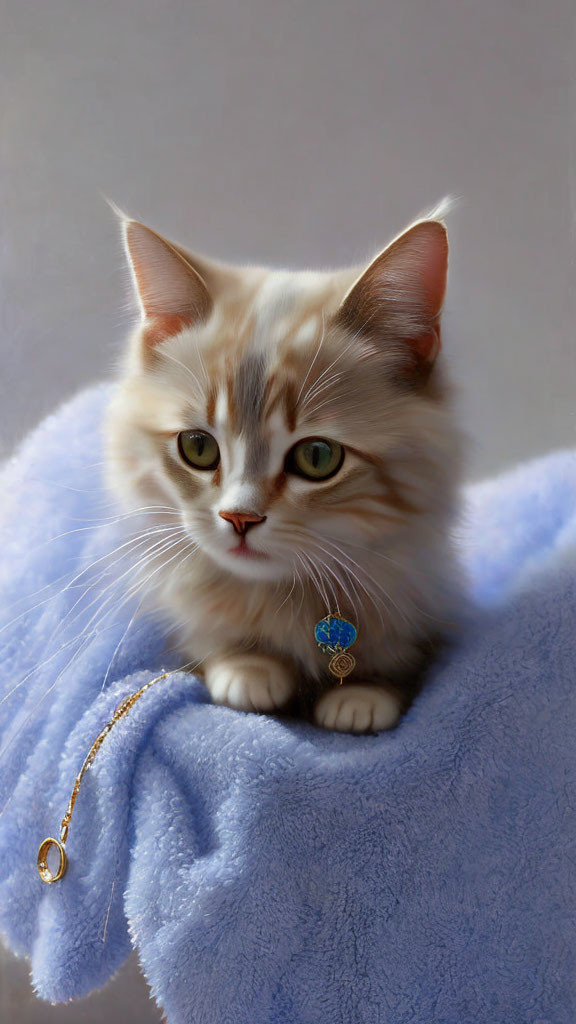 Fluffy cat with green eyes on blue fabric with gold necklace