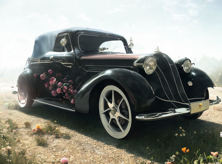 Vintage Black Car with Modern Wheels in Field of Pink Flowers