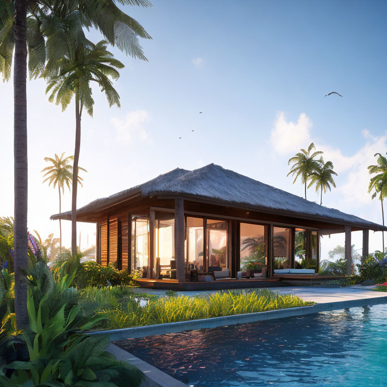 Thatched Roof Beach Villa with Infinity Pool & Palm Trees