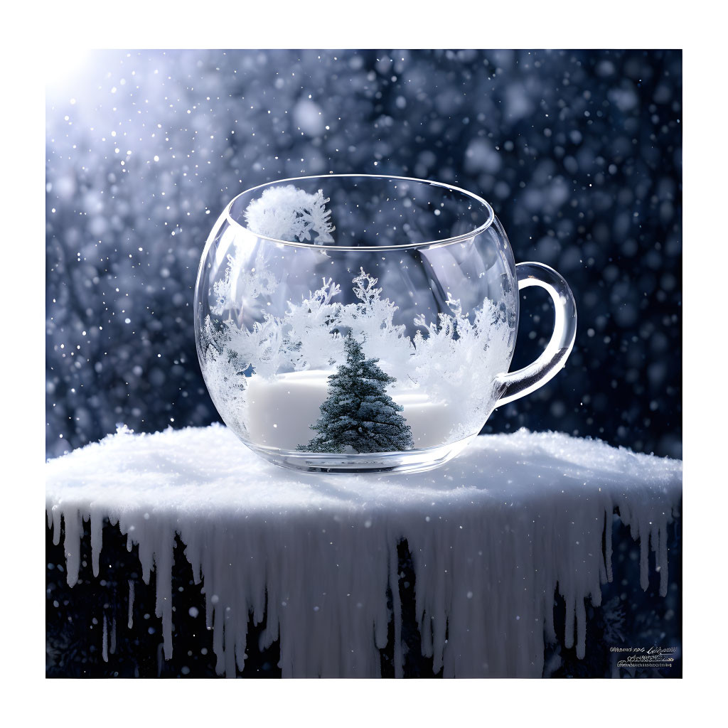 Snowflake-patterned cup with miniature tree in snowy scene