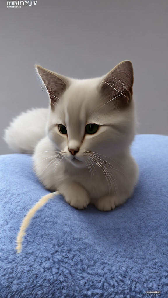 Fluffy white cat with gray markings on ears and tail on blue surface