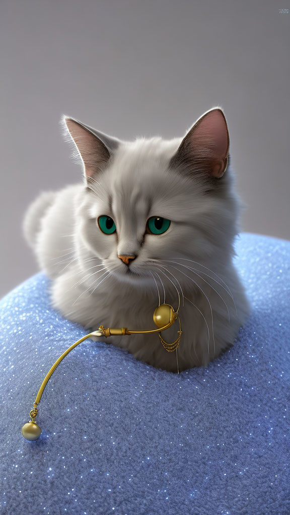 Realistic 3D illustration of fluffy white cat with turquoise eyes on blue surface with gold steth