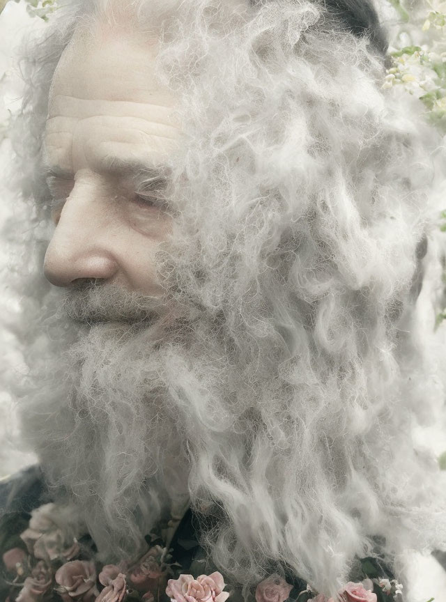 Elderly Man with Long White Beard and Roses Background