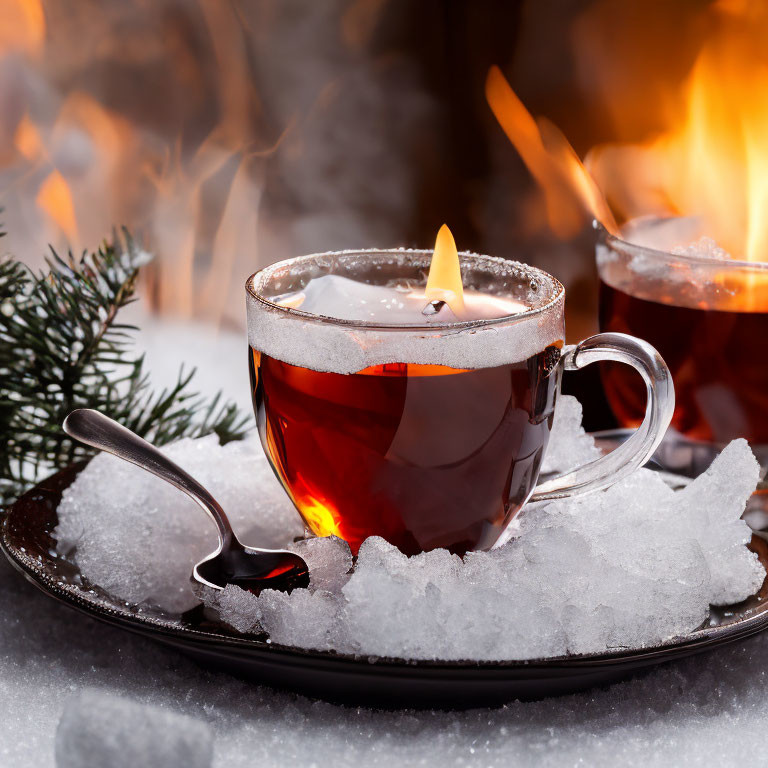 Winter Scene: Hot Tea, Snowy Surface, Fireplace