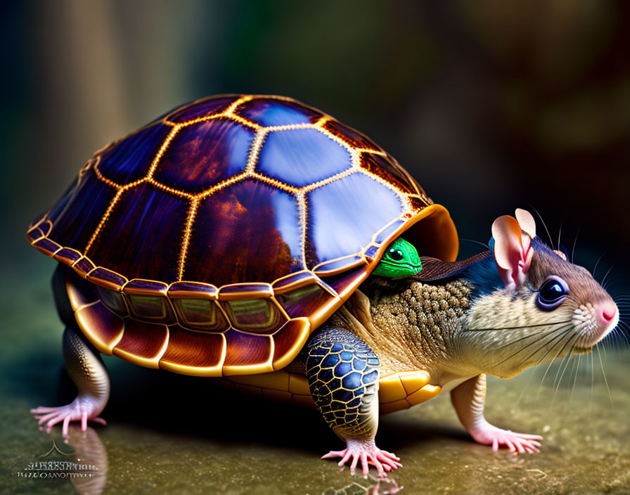 Digitally composed creature: turtle shell, mouse head, frog limbs, fish scales on blurred background