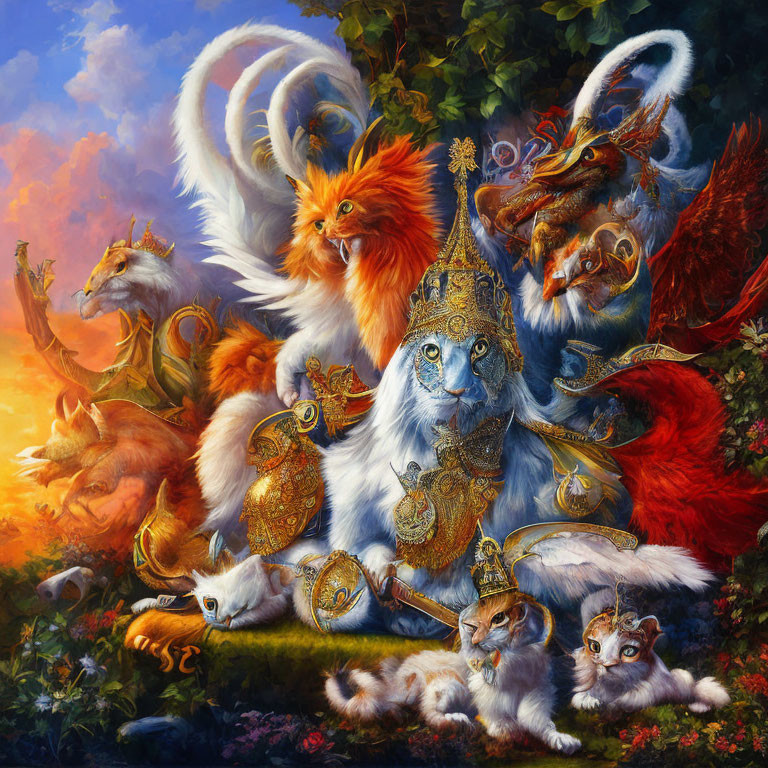 Mythical Creatures with Feline Features in Regal Attire against Colorful Foliage