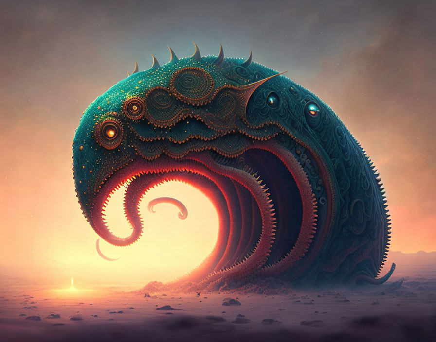 Intricate sea life-inspired creature under sunset sky.