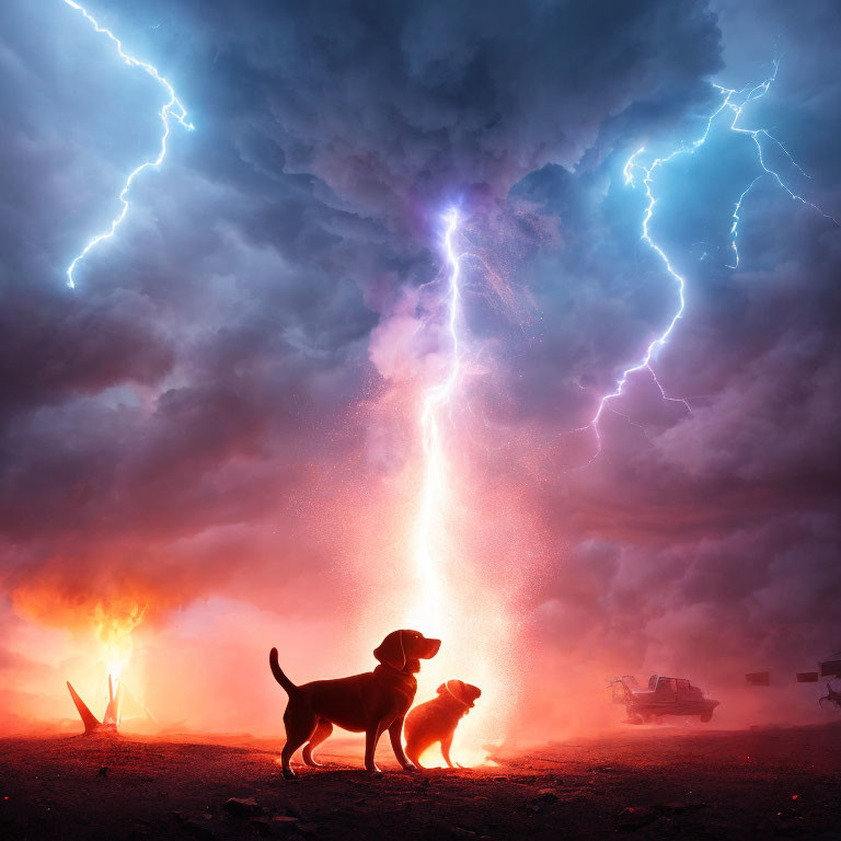 Mother dog and puppy in dramatic lightning storm with fire and tank in the background